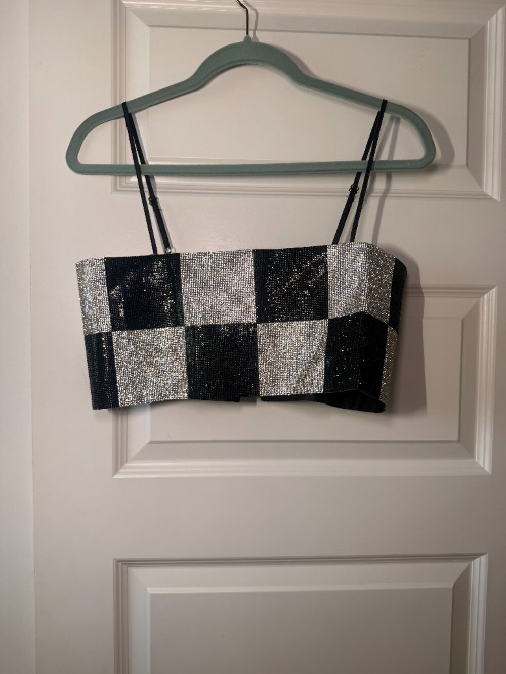 12th Tribe Rhinestone Checkered Crop Top | Black & Silver | Medium